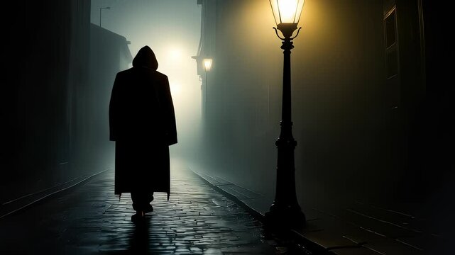 Hooded figure runs through foggy alley
