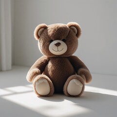Obraz premium A cute brown teddy bear sitting happily in the sunlight. This cuddly teddy bear is a classic and heartwarming childhood toy.