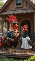 A cool anthropomorphic rooster wearing a biker jacket and sunglasses stands with a hen in a white dress on the porch of their country house.
