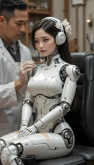 A scientist in a laboratory makes adjustments to a beautiful female android with a human asian face and an intricate, traditional floral hairstyle.