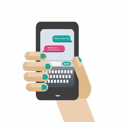 Image of hand holding smartphone with texts on white background