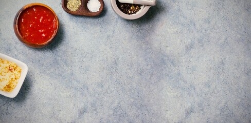 High angle view of food ingredients on counter