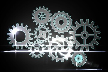 Cluster of neon-outlined gears is floating above glossy surface in 3D render with soft light flares