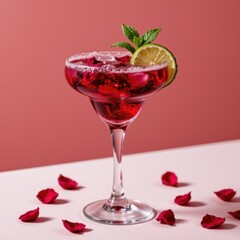 Elegant cocktail with vibrant red color served in a classic glass garnished with lime slice and mint leaf on a pink background with scattered rose petals