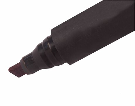 Black chisel-tip marker is showing flat design close-up, maroon nib on white background, copy space