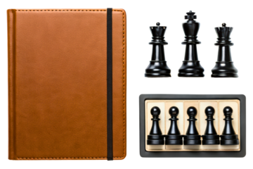 Brown notebook and classic black chess pieces isolated with transparent background