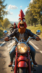 A comical anthropomorphic rooster with an excited expression rides a motorcycle down a country road, with a chicken passenger behind him.