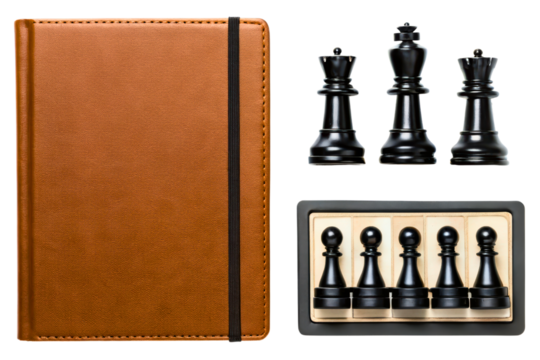 Brown notebook and classic black chess pieces isolated with transparent background