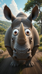 A funny cartoon rhino with big googly eyes and a surprised expression runs towards the camera on a sunny savanna path.