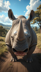 A funny cartoon rhino with big googly eyes and a surprised expression runs towards the camera on a sunny savanna path.
