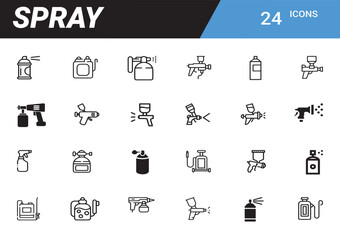 Spray Icon Collection: A comprehensive set of 24 distinct icons representing various spray tools and applications, ideal for design, industry, and illustration purposes.