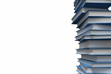 Vertical stack of blue hardcover books is standing on right of blank white backdrop, copy space
