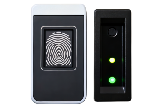 Biometric fingerprint scanner and access control reader isolated with transparent background