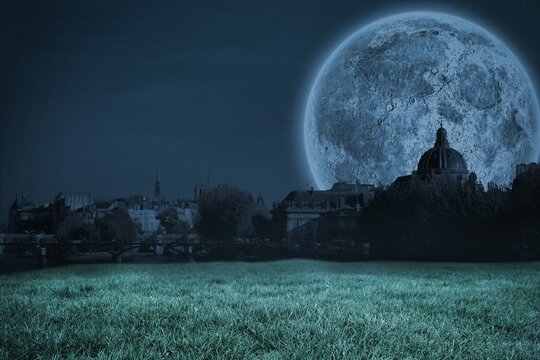 Fototapeta Digital composite of Bright moon over Paris