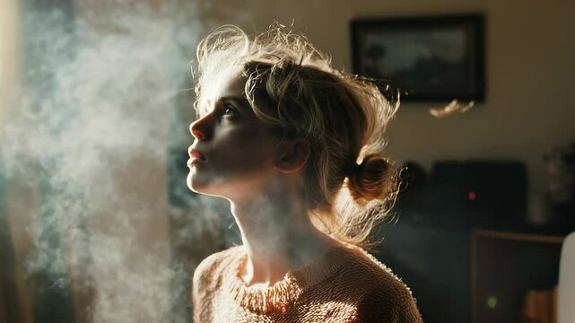 A woman smoking a cigarette in her living room
