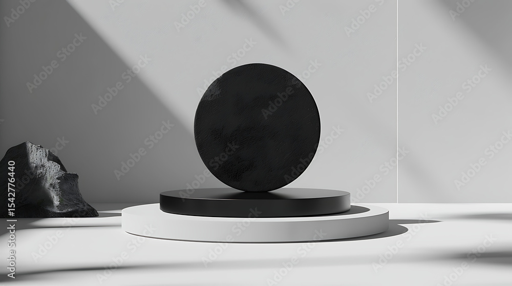 Poster minimalist product display featuring a black circle on a white platform with a stone accent under so