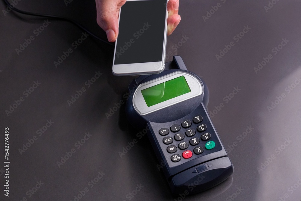 Poster man using smartphone to express pay