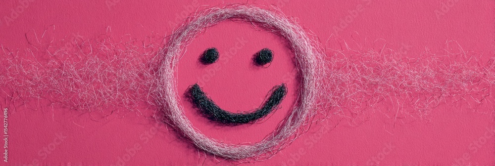 Poster Floating Threads Create a Cheerful Laughing Face Symbol on a Vibrant Pink Background During a Creative Art Session
