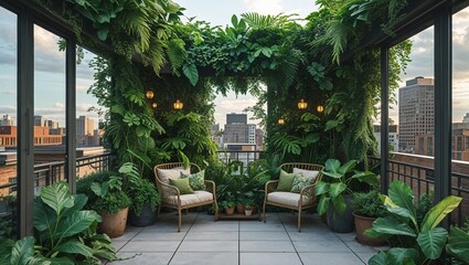 Lush rooftop garden with seating area and city view featuring green plants and urban landscape
