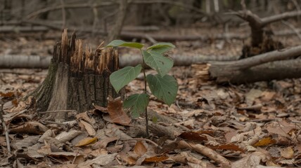 Obraz premium Tree sapling growth forest floor leaves stump nature outdoor landscape