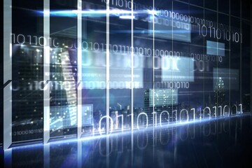 Hologram interface in office overlooking city