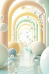 Pastel archway tunnel with floating spheres