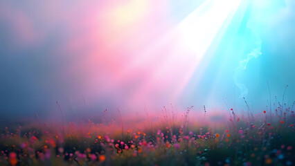 A magical field of wildflowers bathed in ethereal pink and blue light.