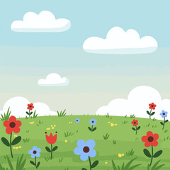 Cheerful Spring Meadow with Colorful Flowers and Blue Sky