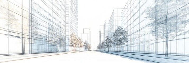 Architectural sketch of a city street lined with skyscrapers