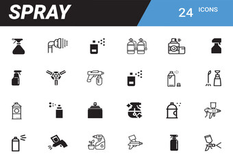 Spray Icons Set: A comprehensive collection of 24 spray icons, offering diverse styles and perspectives of spray bottles, spray cans, and spray guns. Perfect for design projects related to cleaning.