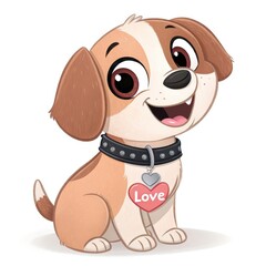 Fototapeta premium Cartoon Beige Puppy Dog Smiling with Love Heart Charm Collar on White Background