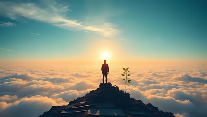 A silhouette of a man stands on a mountain peak above the clouds at sunrise, next to a single growing sapling, symbolizing new beginnings, growth, and hope.