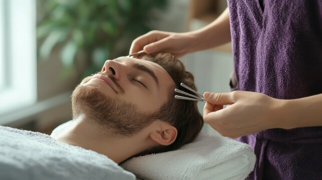 Female therapist using tuning forks for sound healing on patient lying on towel - Powered by Adobe