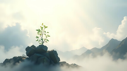 A single green plant grows from a rocky outcrop on a mountain peak above the clouds, symbolizing hope, life, and resilience.