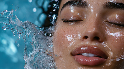 Beautiful woman with glowing skin and a refreshing splash of water on her face. 