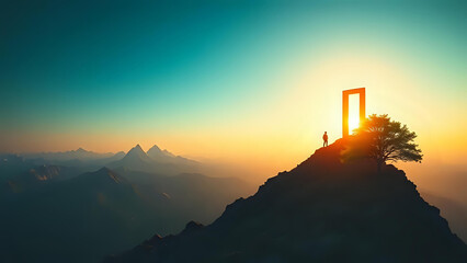 A lone person stands silhouetted on a mountain peak at sunrise, ready to step through a giant glowing doorway representing a new opportunity.