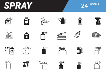 Iconic Spray Collection: A comprehensive collection of 24 icons representing diverse spray bottles, canisters, and equipment. Designed with simplicity.