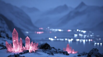 Pink crystals glow on snowy mountain peaks at night
