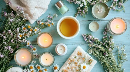 Flat lay of wellbeing essentials: herbal tea, candles, and skincare set