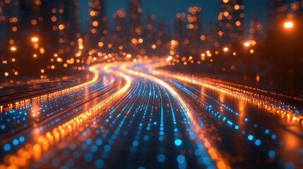 City street, glowing digital lines, night, blurred urban background