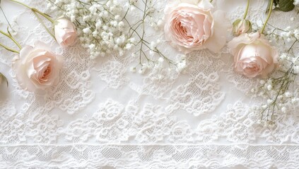 Delicate blush pink roses and baby's breath on white lace