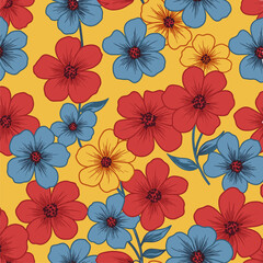 Retro Floral Pattern: Mustard Yellow Background with Red, Blue, and Yellow Flowers