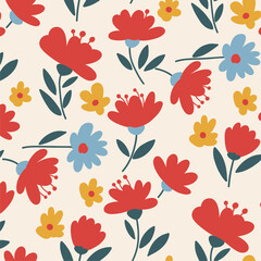 Seamless Pattern with Stylized Red, Blue, and Yellow Flowers on Cream Background