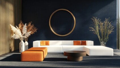 Modern lounge with warm tones and a circle frame