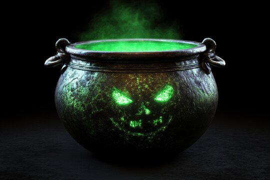 Green witches cauldron with eerie glow and carved face isolated on black background, Green Witches Cauldron Isolated On Black