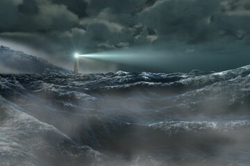 Stormy sea with lighthouse
