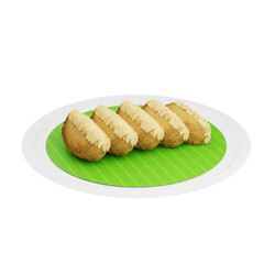 3D illustration of rangin, a traditional Indonesian snack, featuring crispy coconut-covered sweet cake, served on a green leaf plate.