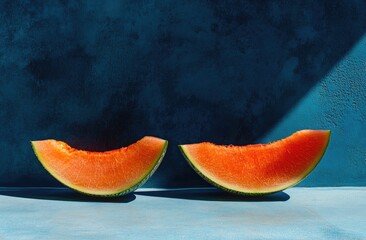 Two vibrant watermelon slices against a deep blue textured backdrop, bathed in sunlight