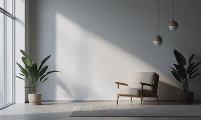 Minimalist white space, with sunlight slanting in, featuring a single chair and green plants, simple and transparent, suitable for home and architecture - themed materials