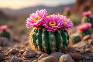 cactus with pink flowers blooming in desert closeup macro of flowering cactus with spines natural desert flora photography